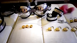 girl in female dimness and  latex self-bondage Chastity belt